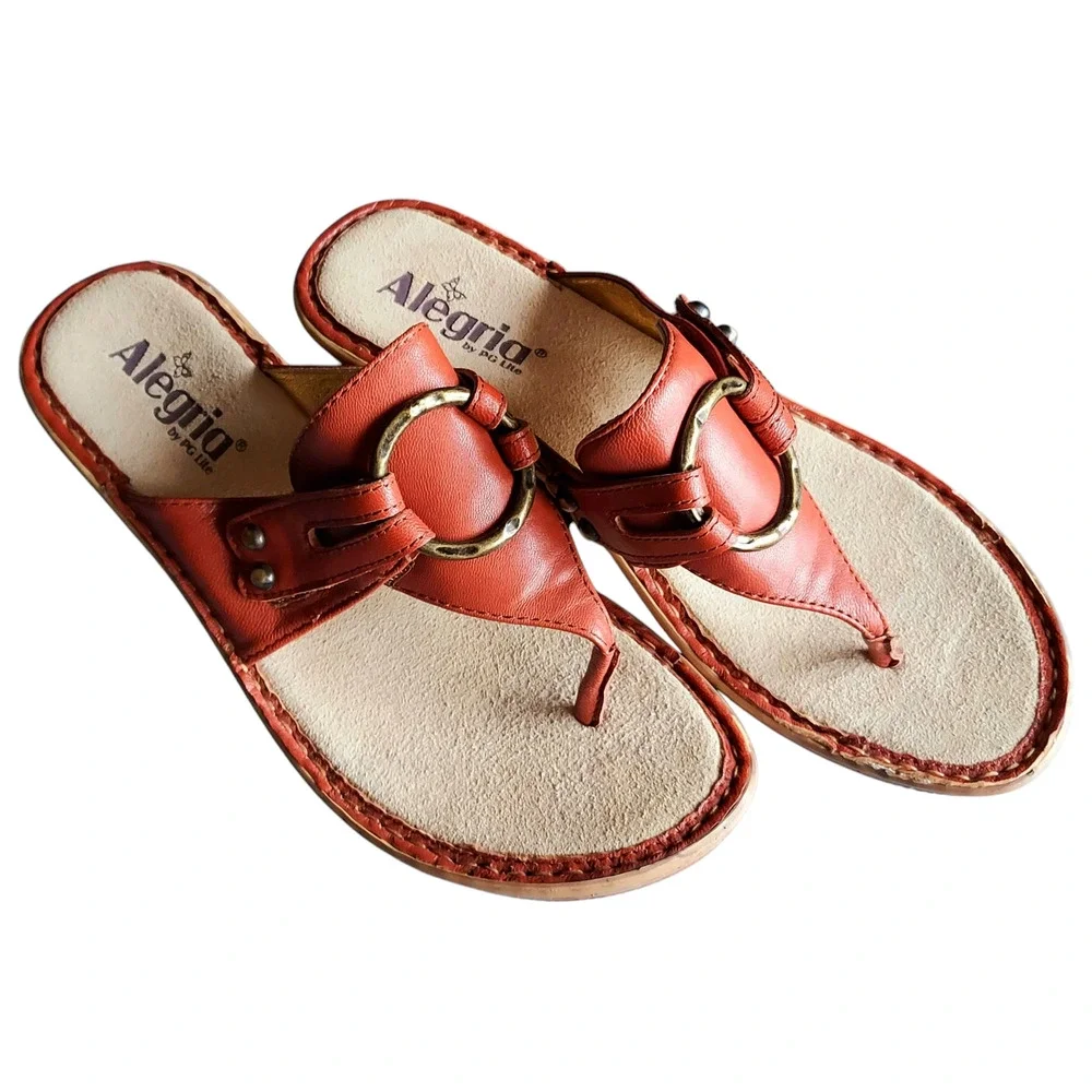 Alegria Lola Women's Cognac Brown Leather Wedge Thong Sandal Shoe Size 9 EU39